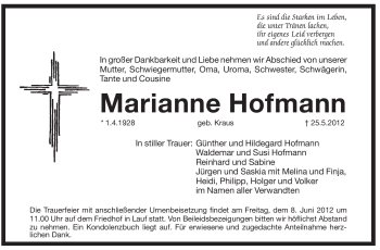 Traueranzeige von Marianne Hofmann von Pegnitz-Zeitung